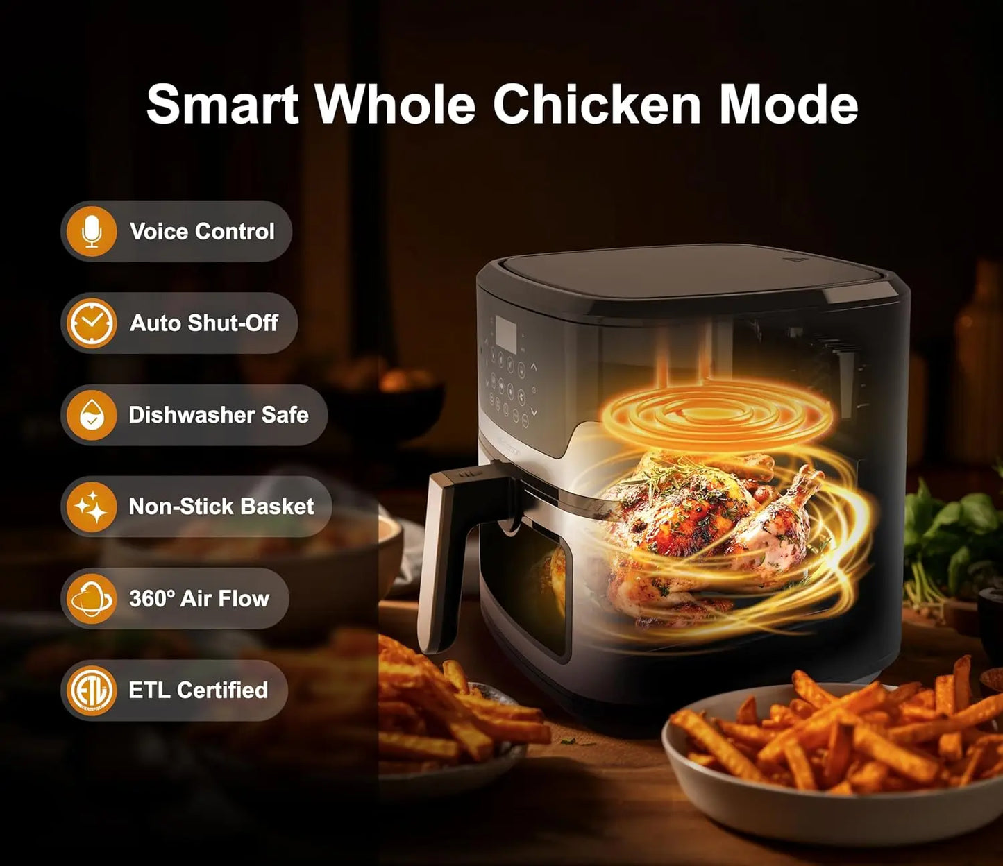 5.3QT 6-in-1 Air Fryer with Voice Control, No Internet Needed, Nonstick Basket, 1500W for Frying, Baking, Reheating
