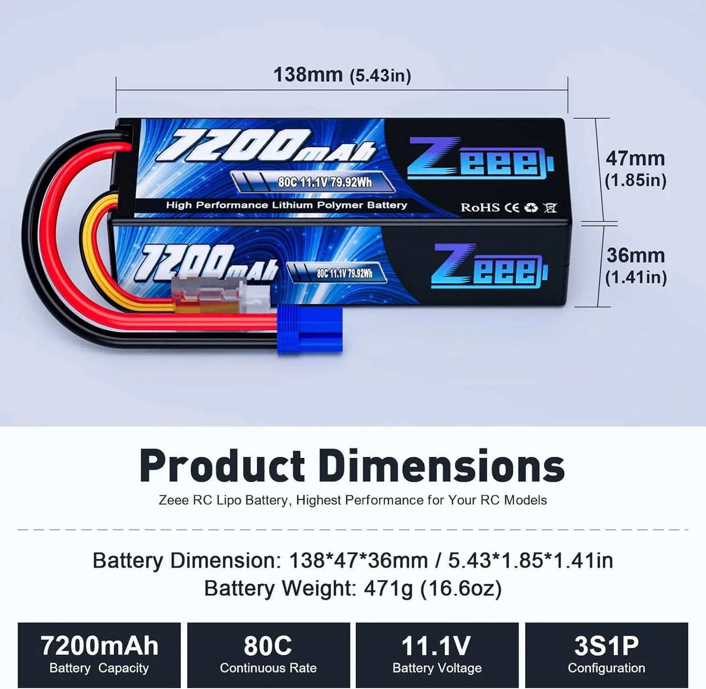 Zeee Lipo 3S 7200mAh RC Car 11.1V 80C Hardcase with EC5 plug for RC Vehicles Truck Tank Train Lipo Battery RC Hobby Model Parts