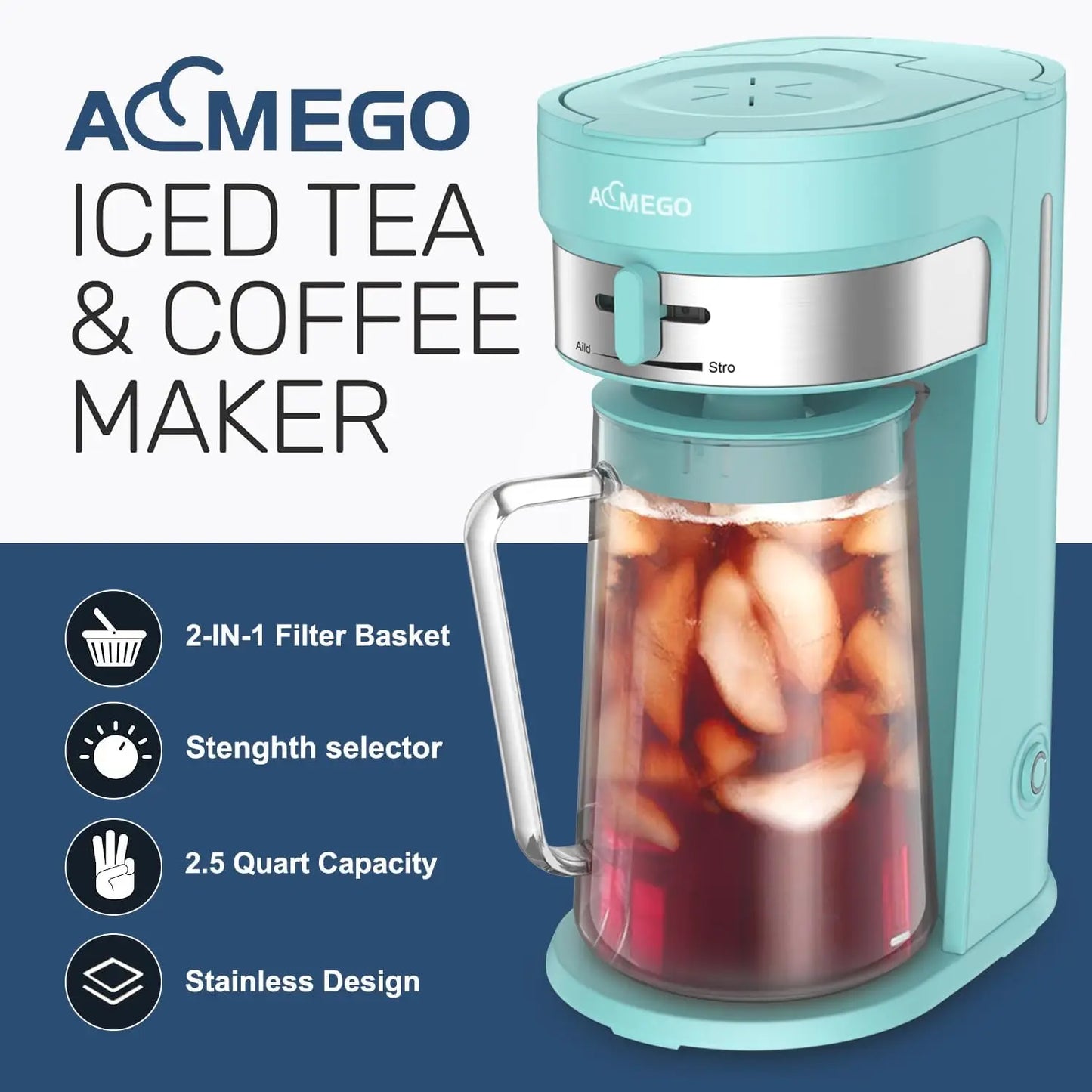 Iced Tea Maker, 2.5-Quart Glass Pitcher, Stainless Steel, Reusable Filter, Green