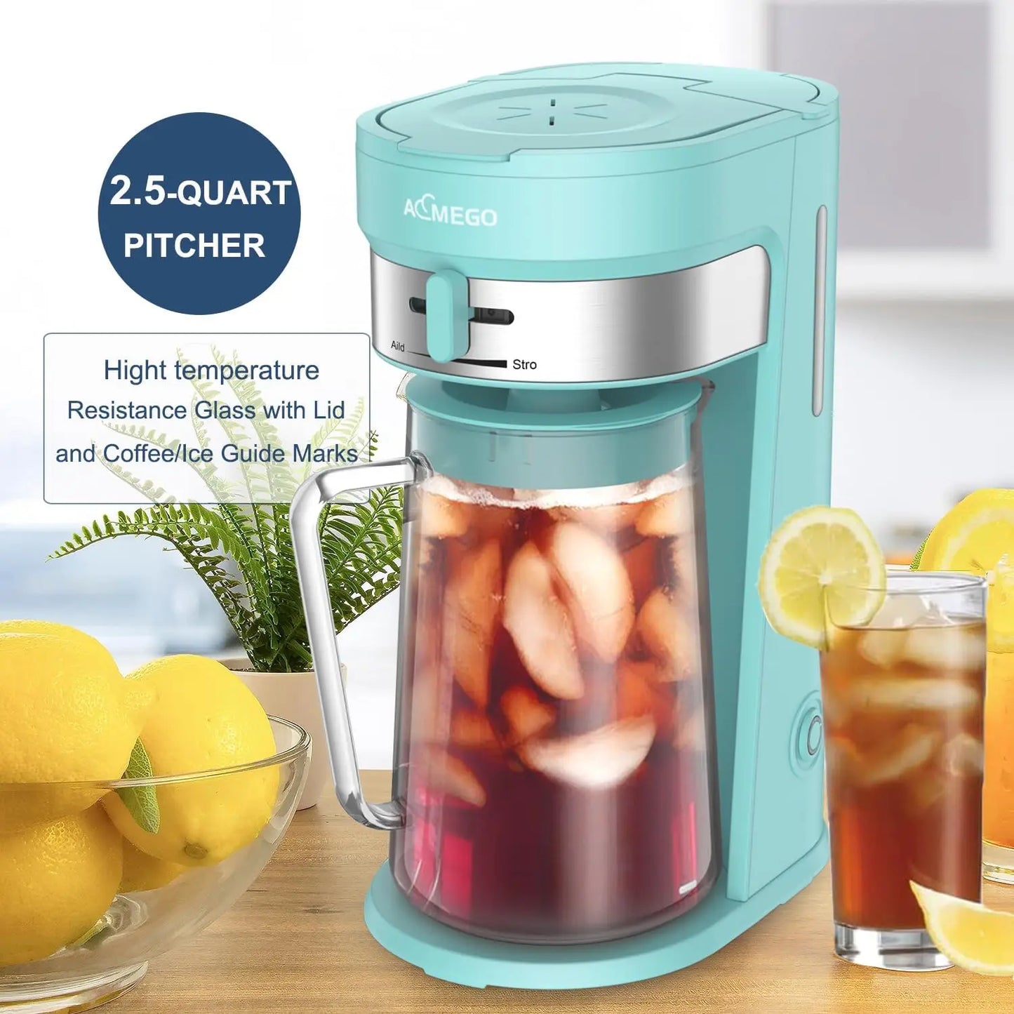 Iced Tea Maker, 2.5-Quart Glass Pitcher, Stainless Steel, Reusable Filter, Green