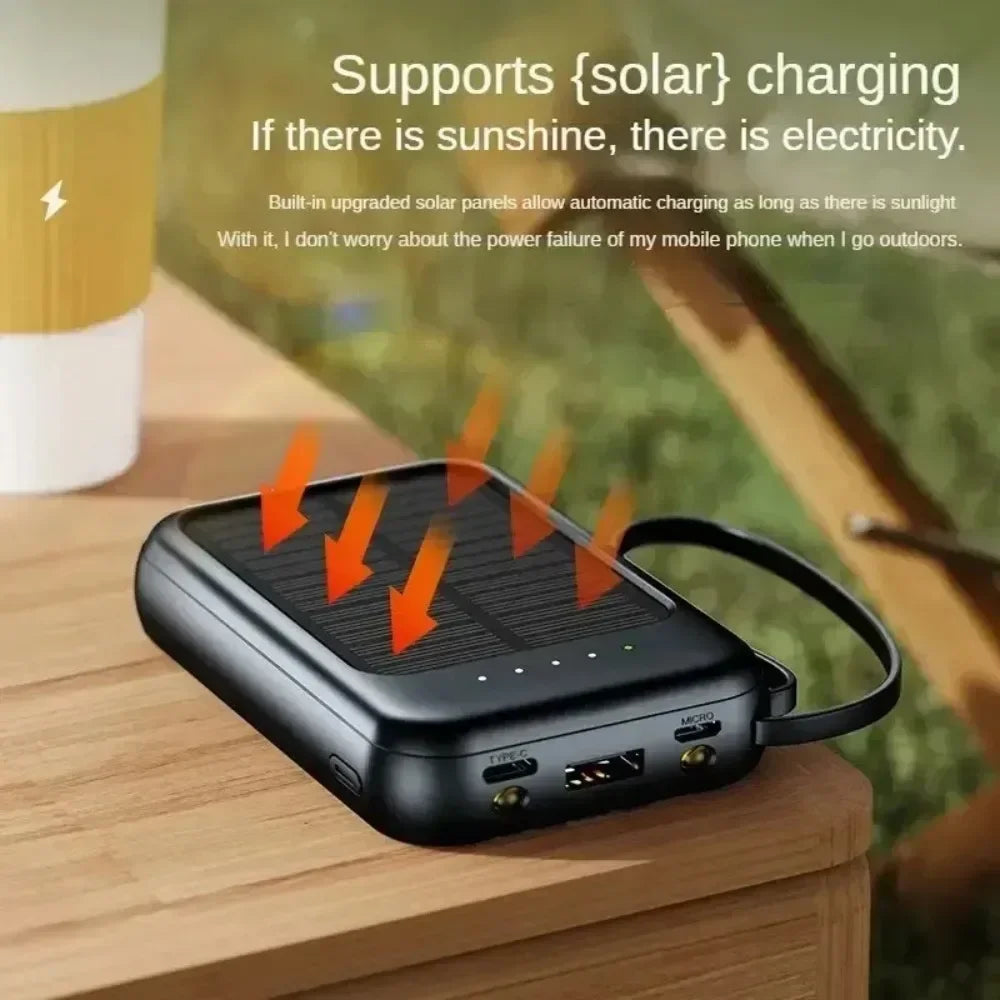 Big Capacity Fast Charging Phone Charger with 3 Built-in Cables Outdoor Power Bank Mini Powerbank External Solar Cells 10000mAh