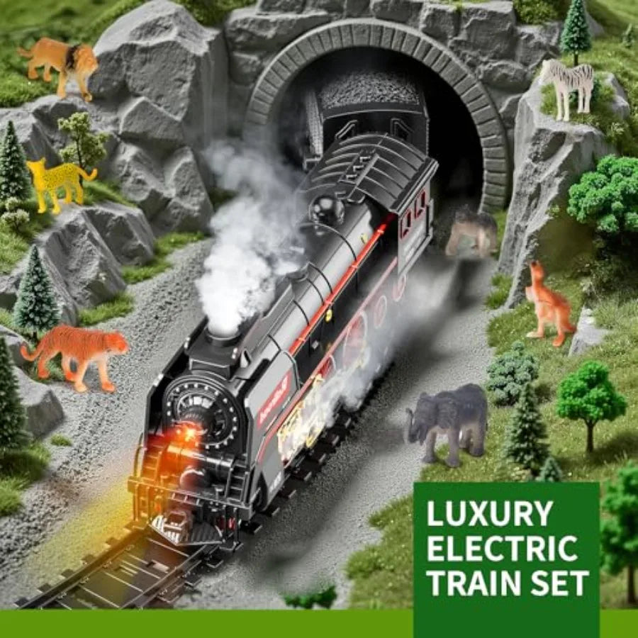 Model Train Set Remote Control Train Toys with 3Way Smoke Locomotive 5 Train Cars Luxury Track Kit 12 Animal Toys Authentic Tra