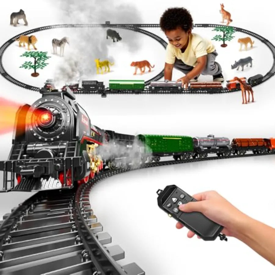 Model Train Set Remote Control Train Toys with 3Way Smoke Locomotive 5 Train Cars Luxury Track Kit 12 Animal Toys Authentic Tra
