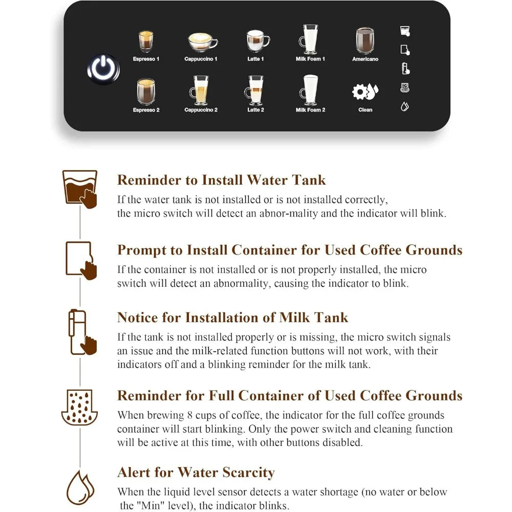 Fully Automatic Espresso Machine 12 Cup Coffee Maker One-Touch Cappuccino/Latte/Americano/Espresso with Self-Cleaning & Adjustab