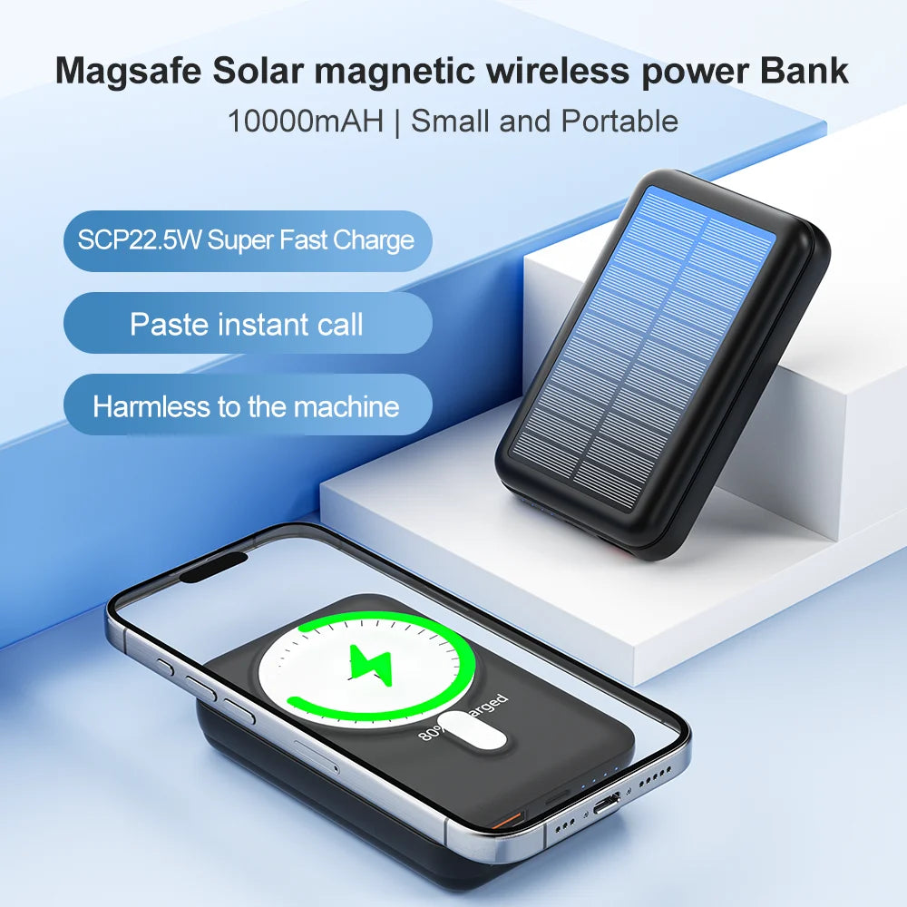 15W Solar Magnetic Power Bank 10000mAh, Wireless Charger w/ USB & USB-C, PD20W Fast Charge, Portable Solar Charger for Phones