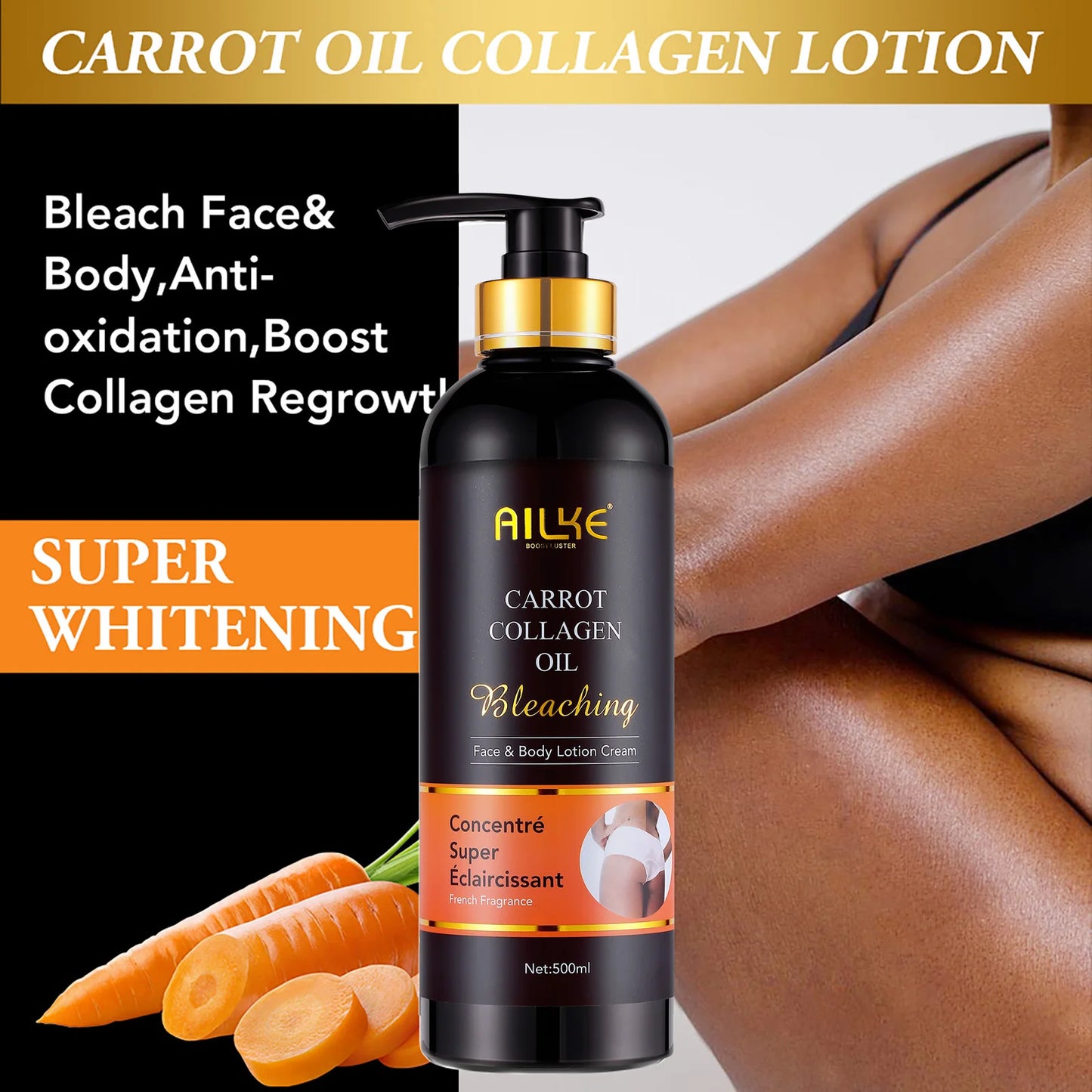 AILKE Whitening Body Lotion, Reduce Dark Spots, Even Skin Tone, With Collagen And Natural Carrot Oil, Skin Moisturizer, 500ml