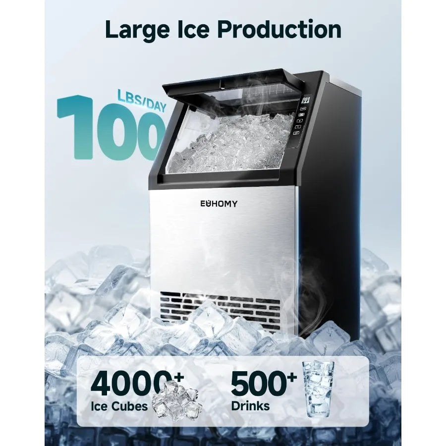 Commercial Ice Maker 100lbs/24H Stainless Steel Under Counter Ice Machine with 33lbs Storage Bin Freestanding Ice Maker for Hom