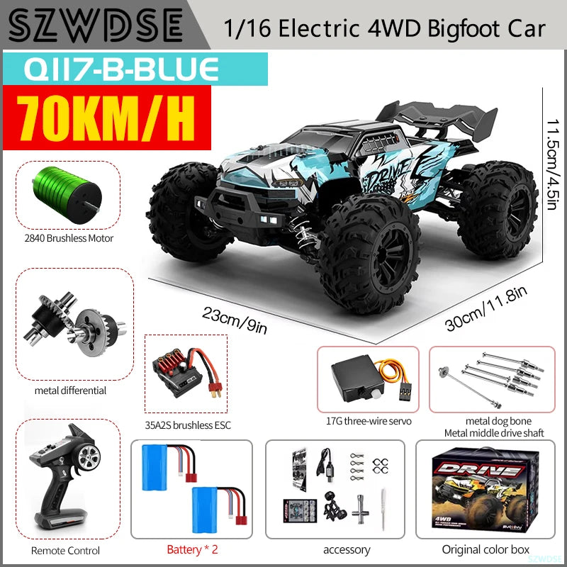 Wltoys Q117 1/16 RC Car 4WD Remote Control Car LED Headlights Brushless 70KM/H 2.4G High Speed Off-Road Drift Toys for Children