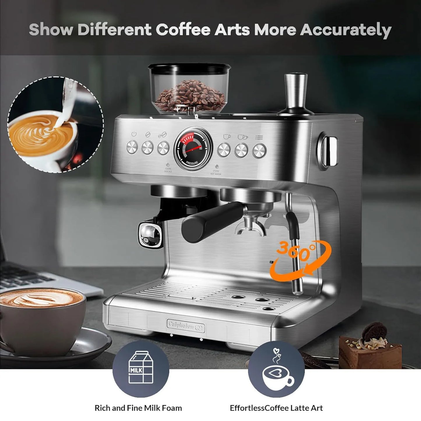 Espresso Machine with Grinder 20 Bar Semi-Automatic Coffee Maker PID Control Milk Frother Steam Wand 95Oz Water Tank for Home