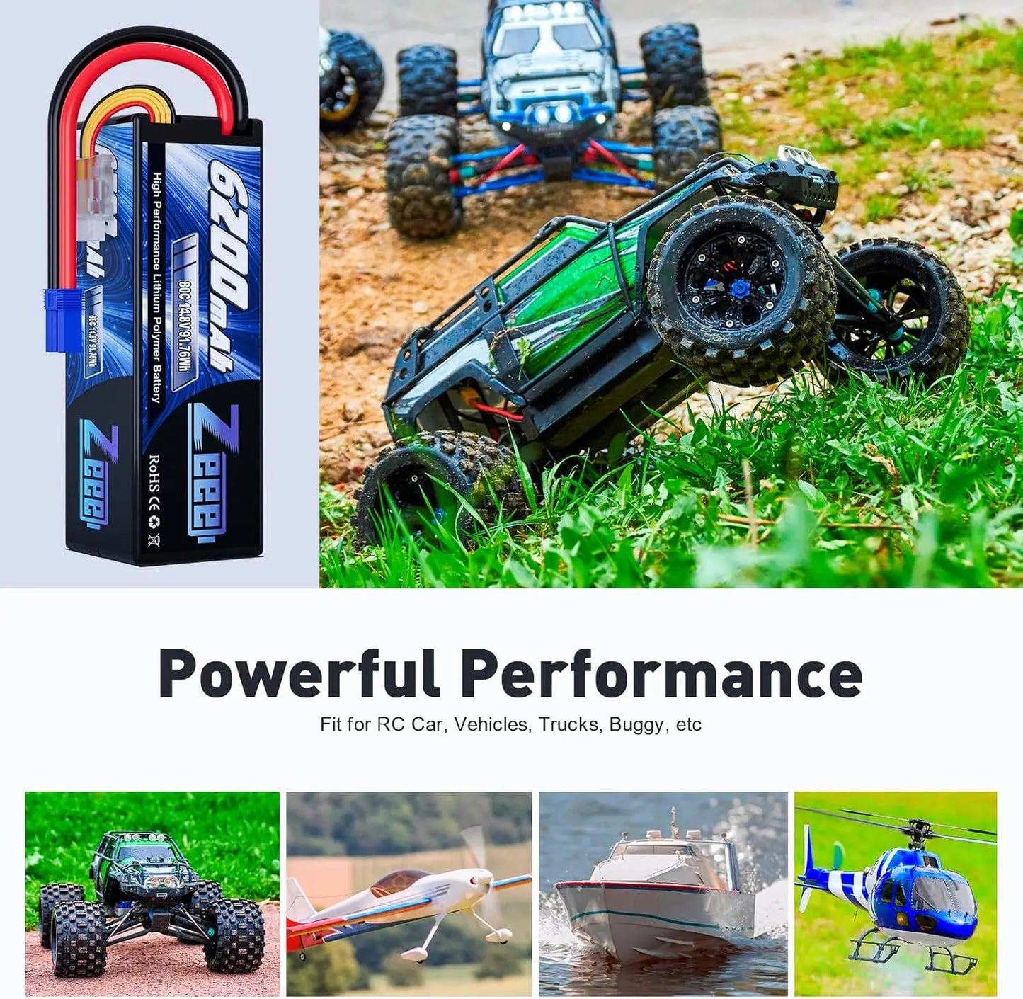 Zeee 4S 6200mAh Lipo Battery for RC Car 14.8V 80C Hardcase with EC5 Plug for FPV Drone Buggy Truggy Racing Hobby RC Model Parts