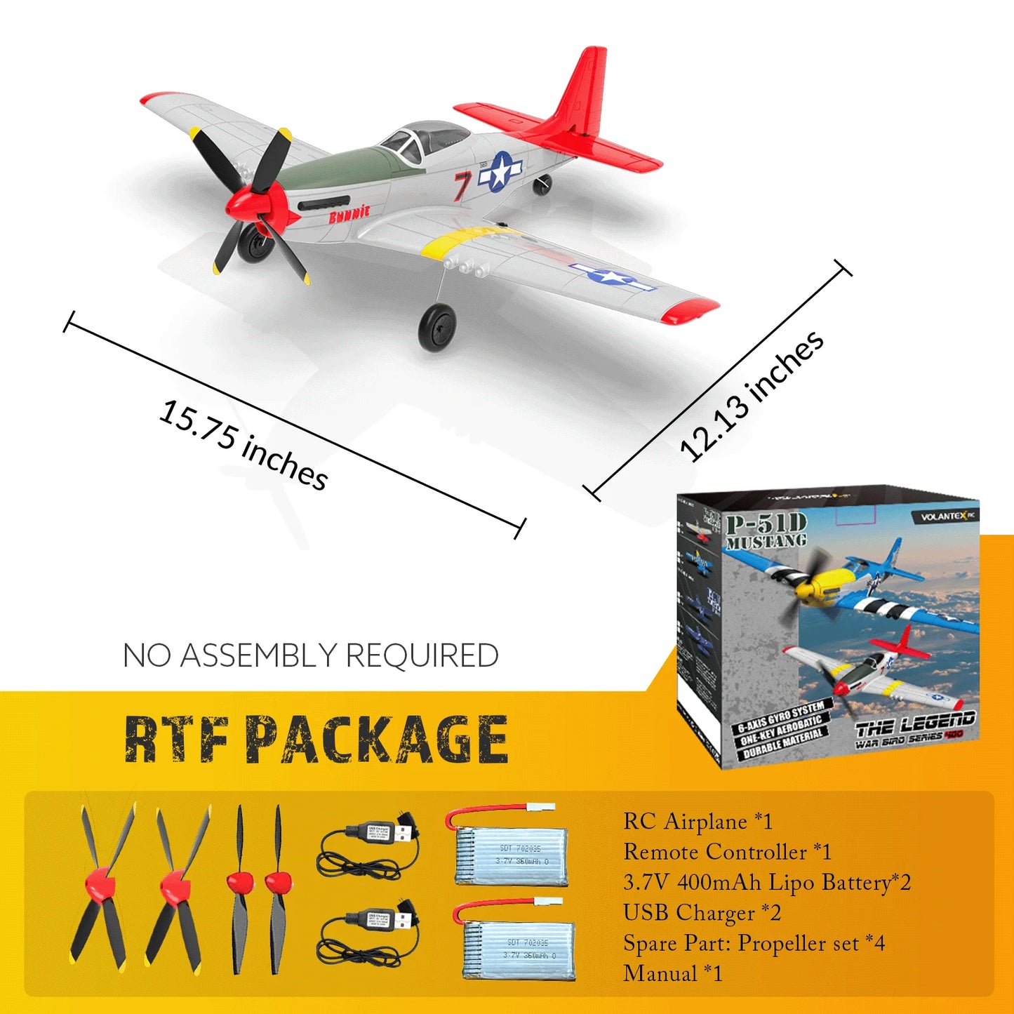 Volantex RC Plane, 4-CH P-51D Mustang RC Airplane,3 Flight Modes,One-Key Aerobatic, RTF Ideal Park Flyer, Suitable for Gifts
