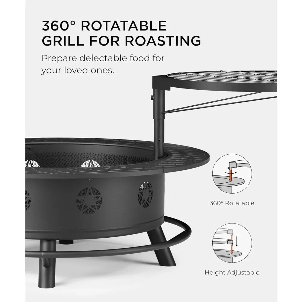 43 Inch Fire Pit with BBQ Grill,  for Outside with Lid & Poker, Extra Large Heavy Duty Firepits,Wood Burning Fire Pits