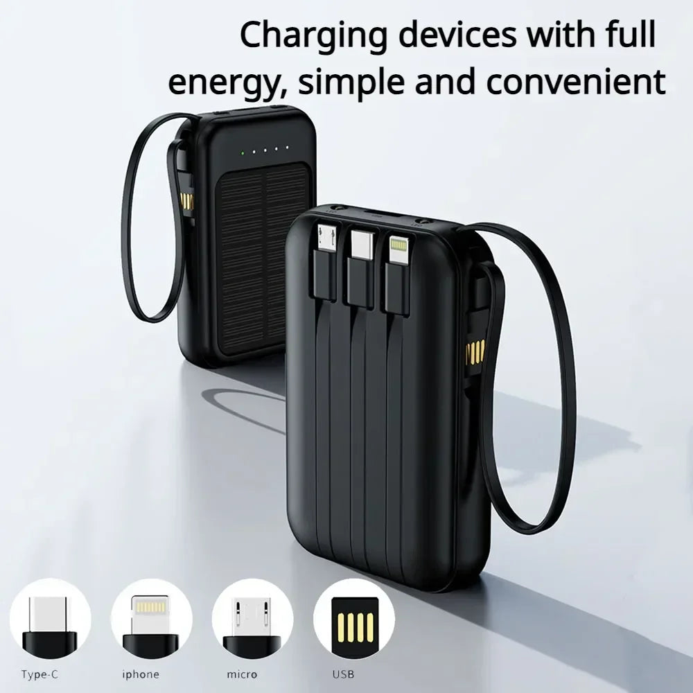 Big Capacity Fast Charging Phone Charger with 3 Built-in Cables Outdoor Power Bank Mini Powerbank External Solar Cells 10000mAh