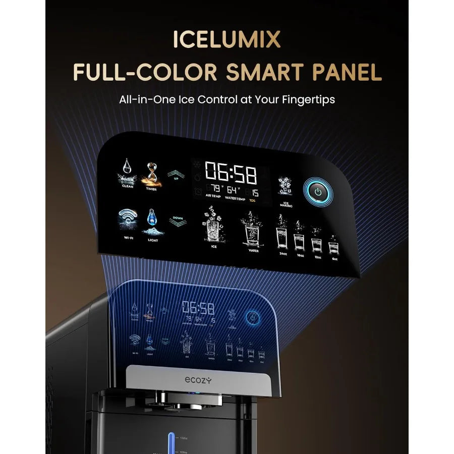 ecozy Nugget Ice Maker Dispenser Smart 2-in-1 Pebble Ice Machine Countertop Water Dispenser with App Control Self-Cleaning Auto