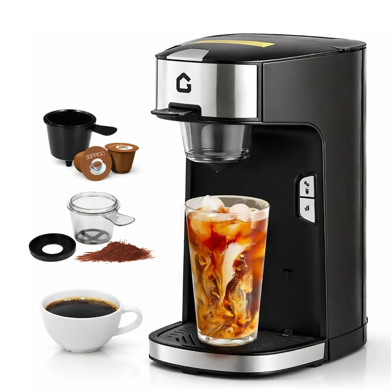 Single Serve Coffee Maker,K Cup & Ground Coffee Compatible, One-Button Fast Brew Portable Capsule Coffee Machine for Home Travel